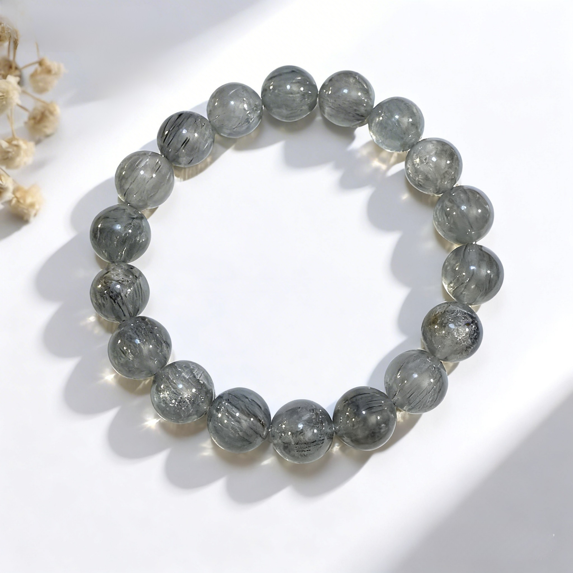 Natural Grey Rutilated Quartz Bracelet, Minimalist Silver-Thread Design