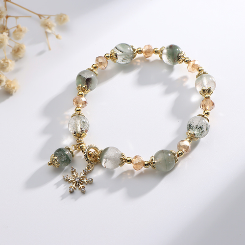 Natural Green Phantom Quartz Bracelet for Women with Snowflake Charm, Minimalist Forest-Style Design